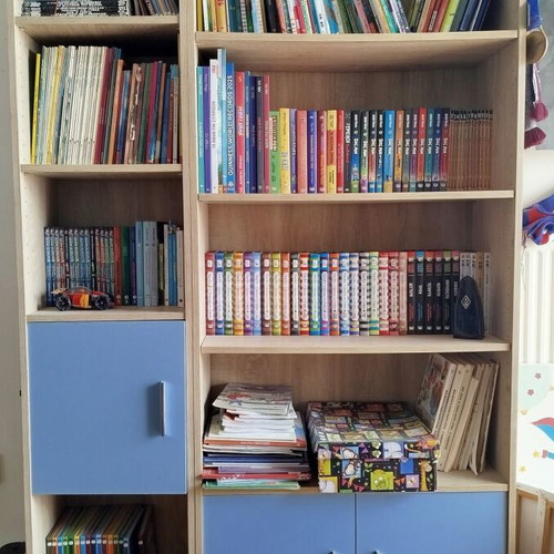 Children's bedroom set with single bed, mattress, desk, and 3 bookshelves