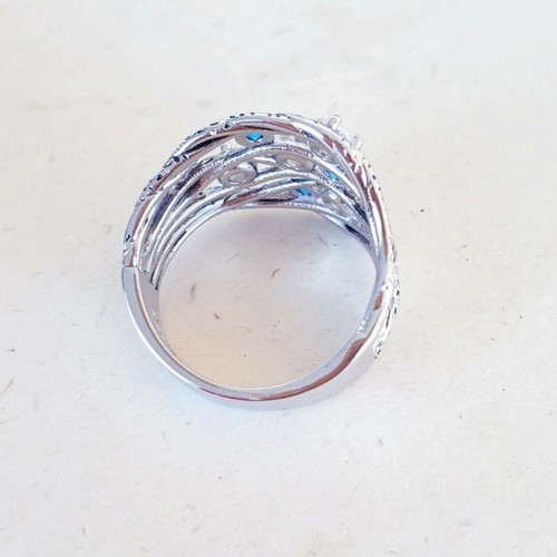 925 Silver Solid Ring Vintage 70ies with Turquoise and Cubic Zircon Like New