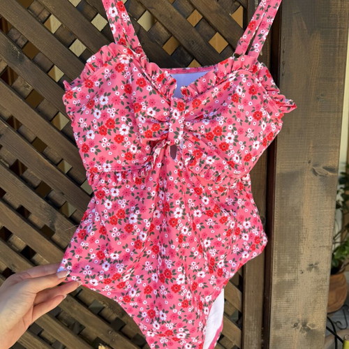 Floral swimsuit used, pink with white and red flowers, size XL