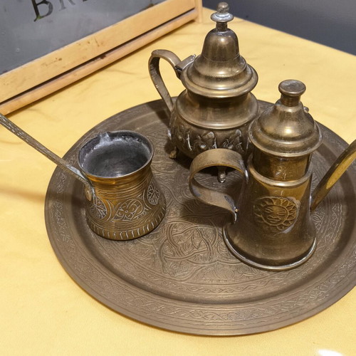 Brass decorative set used, oriental style (tray, jugs & cezve)