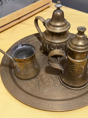 Brass decorative set used, oriental style (tray, jugs & cezve)