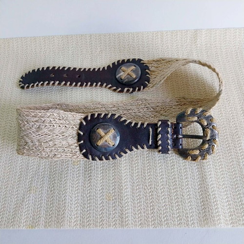 Vintage Dirndl Belt like new, woven jute and dark leather with decorative buckle