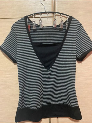 Shein Ριγέ Y2K Style T-shirt Large, σαν καινούργιο, μαύρο και γκρι
