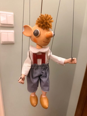 Wooden marionette used, handmade with strings, vintage style