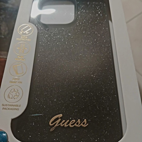 Guess Glitter Flakes phone case for iPhone 16 Pro Max, black gold