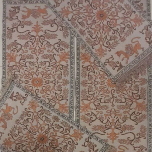 Set of four handmade table runners in earthy and orange tones with gold details and fringe like new