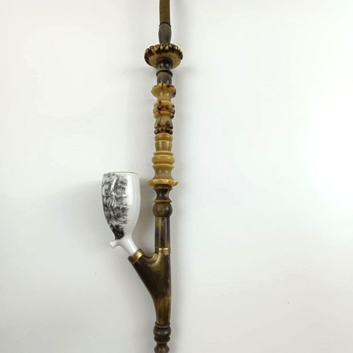 Antique handmade pipe used, horn, bronze and porcelain with deer motif