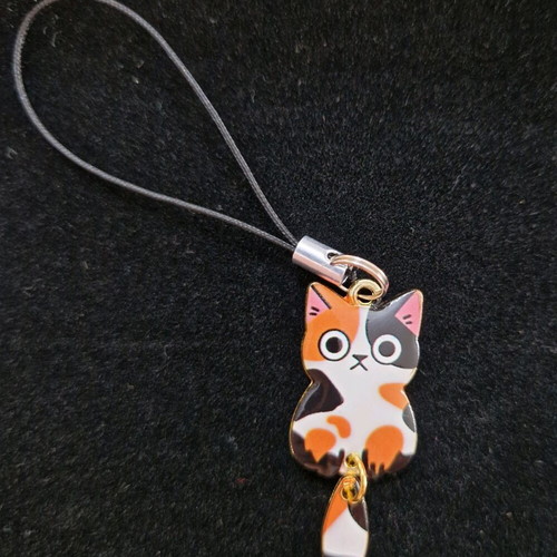 Mobile phone keychain new with happy cats and wagging tail