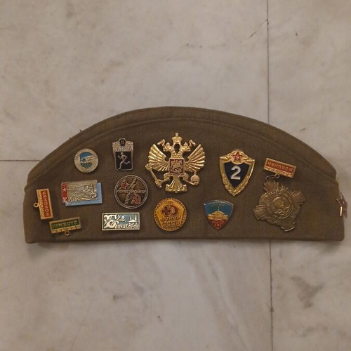 Soviet military pilotka hat with 13 badges and medals, new