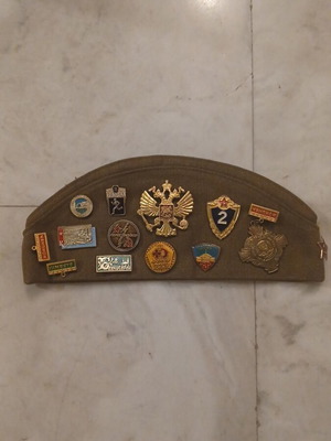 Soviet military pilotka hat with 13 badges and medals, new