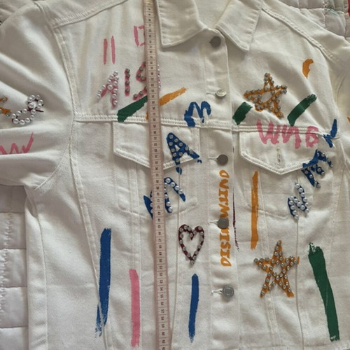 Rock denim jacket white with pearls and colorful details like new