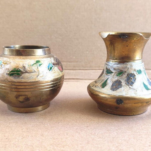 Brass decorative containers used with enamel, set of 2 vintage 1960s–70s