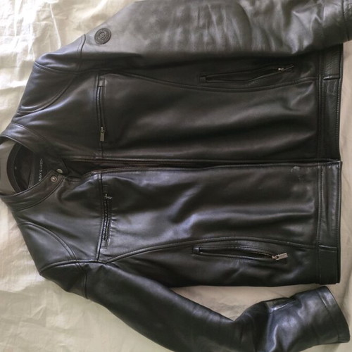 Navy & Green leather jacket like new, size 48 with detachable hood