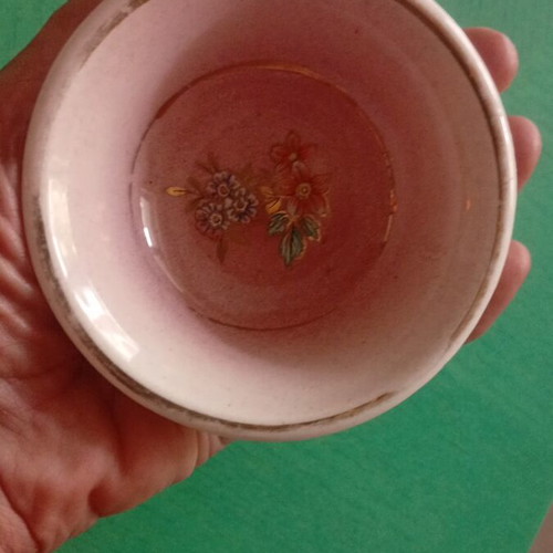 Vintage 1950 Asian Rice Bowl used, pink floral with gold finish