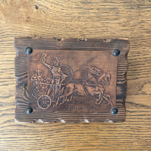 Vintage wooden cigarette case used with copper relief «Thriamvos Achilleos»