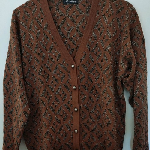 Vintage wool cardigan sweater used, brown with gold thread