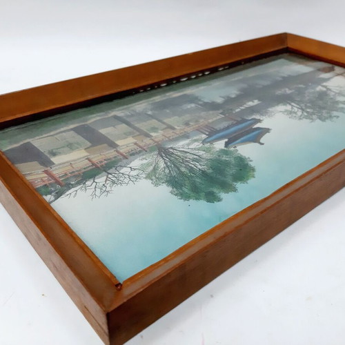 Silk tapestry mid-20th century with Chinese pagoda and bridge, used
