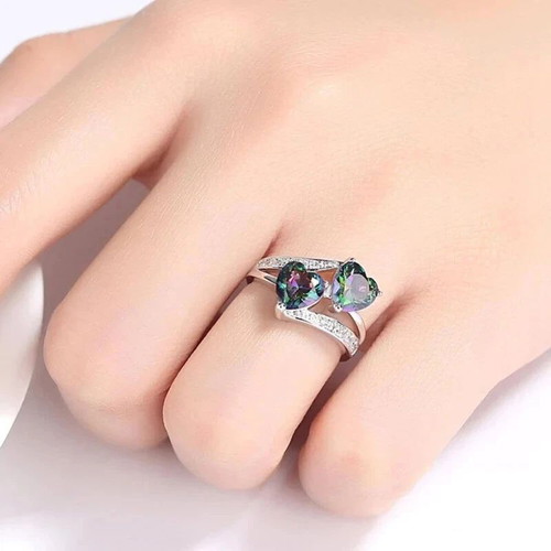 Colorful women's ring with cubic zirconia hearts, new, silver plated