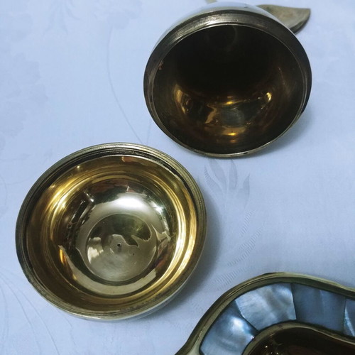 Brass and mother of pearl inlaid tray with used jewelry boxes from India 60s