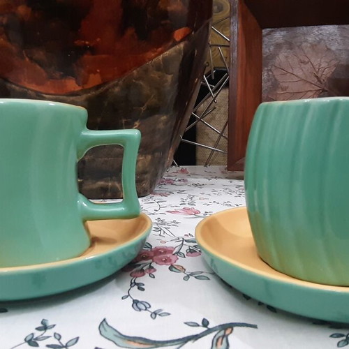 Mint color cups with matching saucers, set of 2
