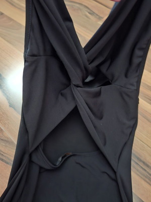 Italian mini black dress Large with draped neckline and open cross back like new