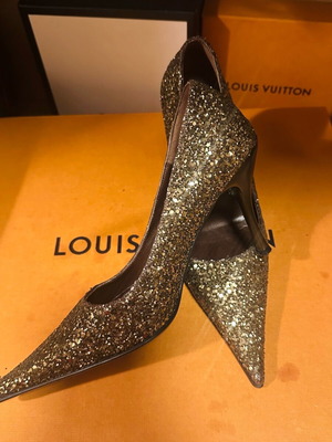 Heels with rhinestones used, gold color, size 36