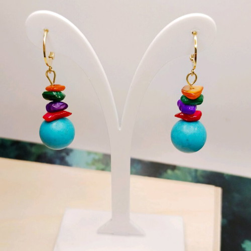 Handmade Earrings with Turquoise and Mother of Pearl, Gold Plated Stainless Steel, New