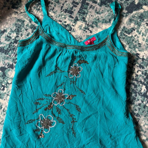 Monsoon teal embellished cami top with beads and embroidery, used, size S