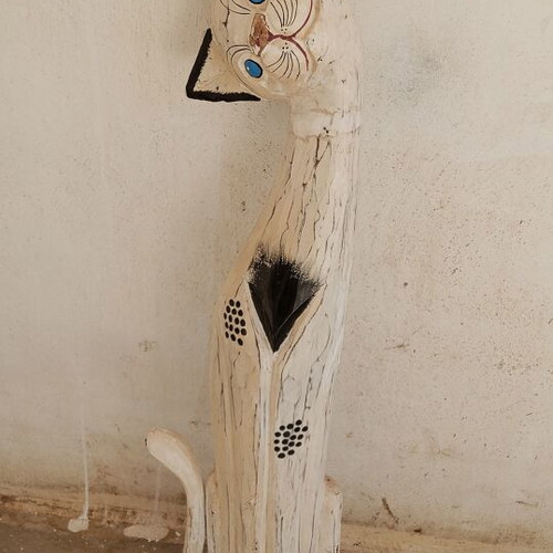 Handmade woodcarved cat statue vintage, 100-120cm, shabby chic