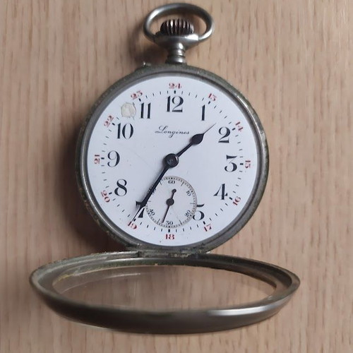 Longines men's pocket watch used, vintage, 9 Grands Prix, silver
