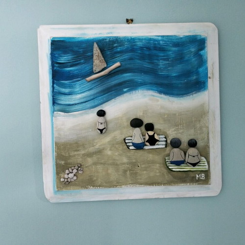 Paralia painting new with wood and pebbles 3D relief