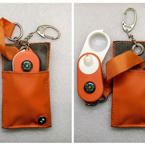 Orange BMW keychain with compass, magnifier, led and key case new