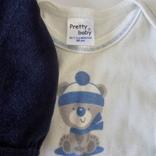 Baby clothing set with velour bodysuit, hats and mittens