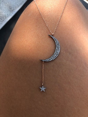 Moon and star necklace like new, pink gold with diamonds