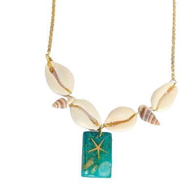 Necklace with natural shells and pendant in resin glass, stainless chain, new