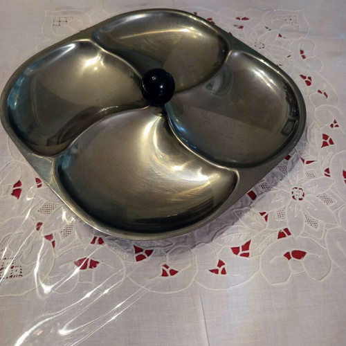 Vintage metal bowl snack tray with 4 compartments, used