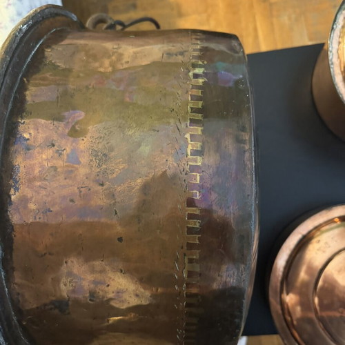 Copper cookware collection like new with embossed Justice decorative plate