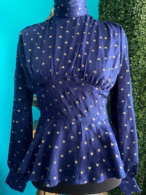 Navy blue blouse with gold hearts new, satin with flounce