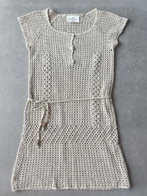 H&M women's crochet mini dress with belt, beige, size M
