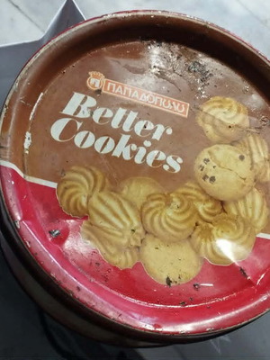 Better Cookies Papadopoulou metal box used, 1970s collectible