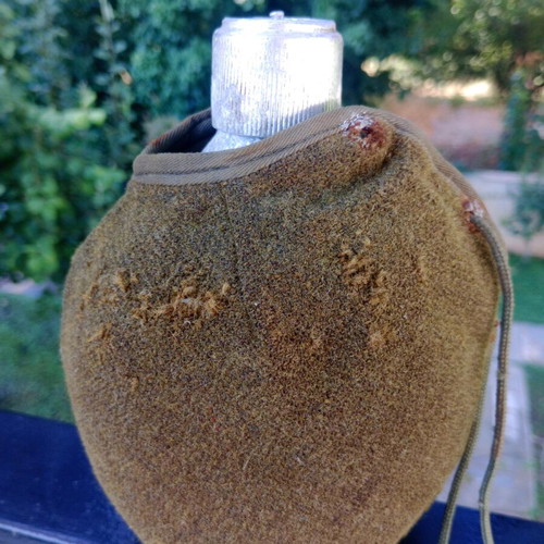 Old Greek Army Canteen used, aluminum with wool felt, 1950