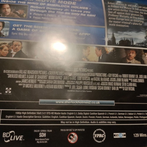 Sherlock Holmes A Game of Shadows Blu-Ray like new, English subtitles
