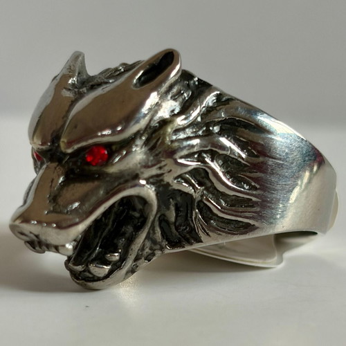 Wolf Head Ring with Red Zircon Eyes New, 316L Stainless Steel, US Size 14