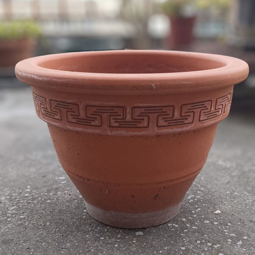 Terracotta flower pots used, set of 2 with Greek meander design