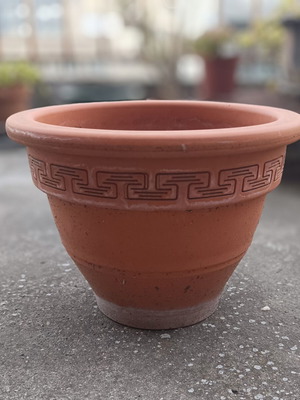 Terracotta flower pots used, set of 2 with Greek meander design