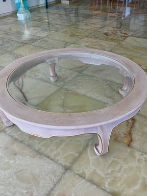 Vintage Στρογγυλό Τραπέζι Σαλονιού Ø130cm Σαν Καινούργιο, Μασίφ Ξύλο & Γυαλί