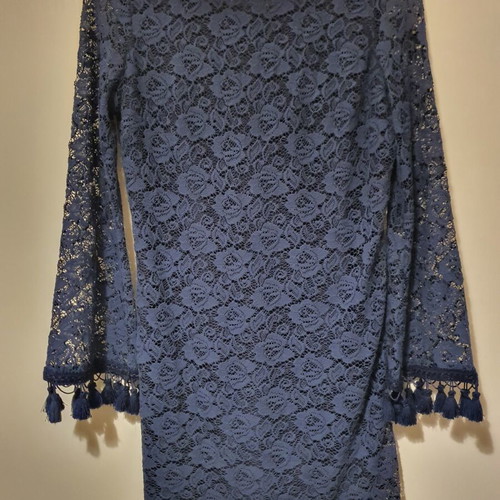 Iso blue lace dress long-sleeve with fringes like new