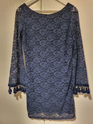 Iso blue lace dress long-sleeve with fringes like new