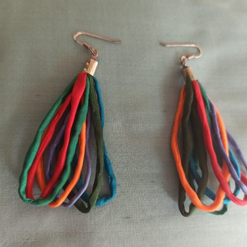 Handmade earrings with 925 silver and colorful silk ribbons like new