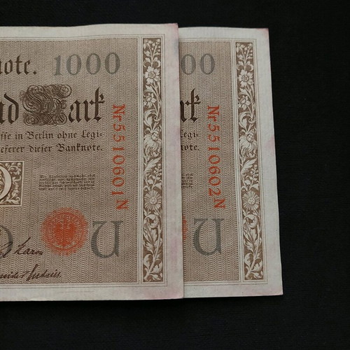 1000 Mark 1910 banknotes used, set of 2 from Germany